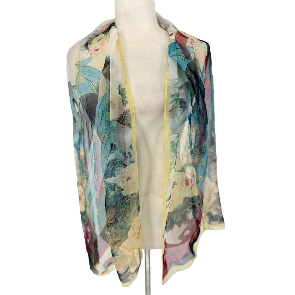Silk Blend Scarf Asian Geisha Floral Print 66 x 19 Rectangle Art‎ Wall Decor
